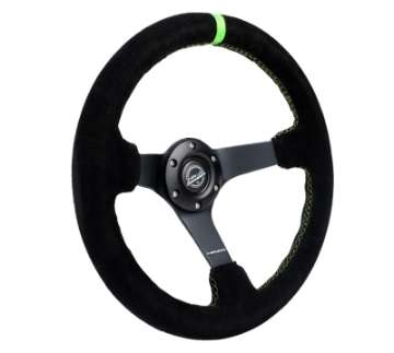 Picture of NRG Reinforced Steering Wheel 350mm-3in- Deep Blk Suede- Neon Green Stitch w-5mm Matte Black Spoke