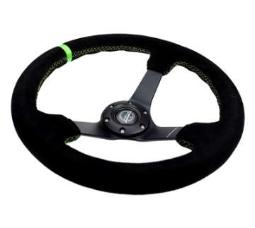 Picture of NRG Reinforced Steering Wheel 350mm-3in- Deep Blk Suede- Neon Green Stitch w-5mm Matte Black Spoke