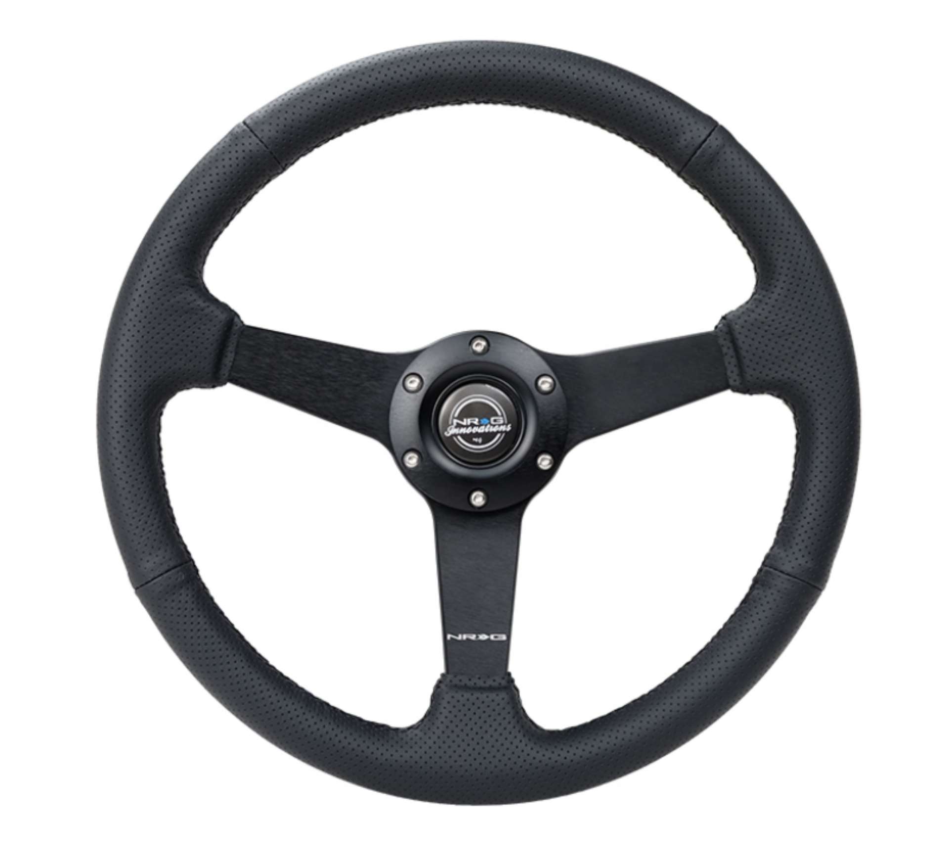 Picture of NRG Sport Steering Wheel 350mm - 1-5in Deep Black Leather Black Stitch w-Matte Black Solid Spokes