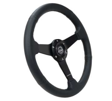 Picture of NRG Sport Steering Wheel 350mm - 1-5in Deep Black Leather Black Stitch w-Matte Black Solid Spokes