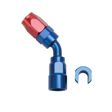 Picture of Russell Performance 3-8in SAE Quick Disc Female to -6 Hose Red-Blue 45 Degree Hose End