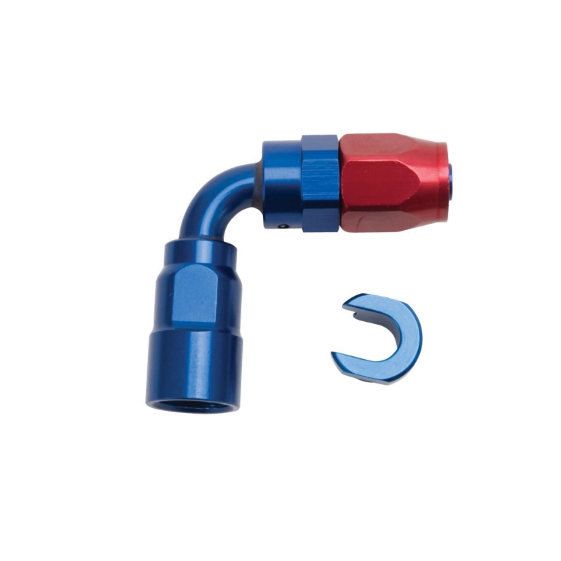 Picture of Russell Performance 3-8in SAE Quick Disc Female to -6 Hose Red-Blue 90 Degree Hose End