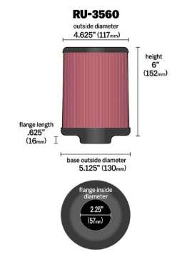 Picture of K&N Universal Rubber Filter 2-1-4in FLG x 5-1-8in Base x 4-5-8in Top x 6in Height