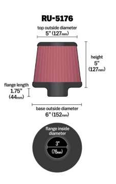 Picture of K&N Universal Rubber Filter-Round Tapered 3in Flange ID x 6in Base OD x 6in Top OD x 5in H