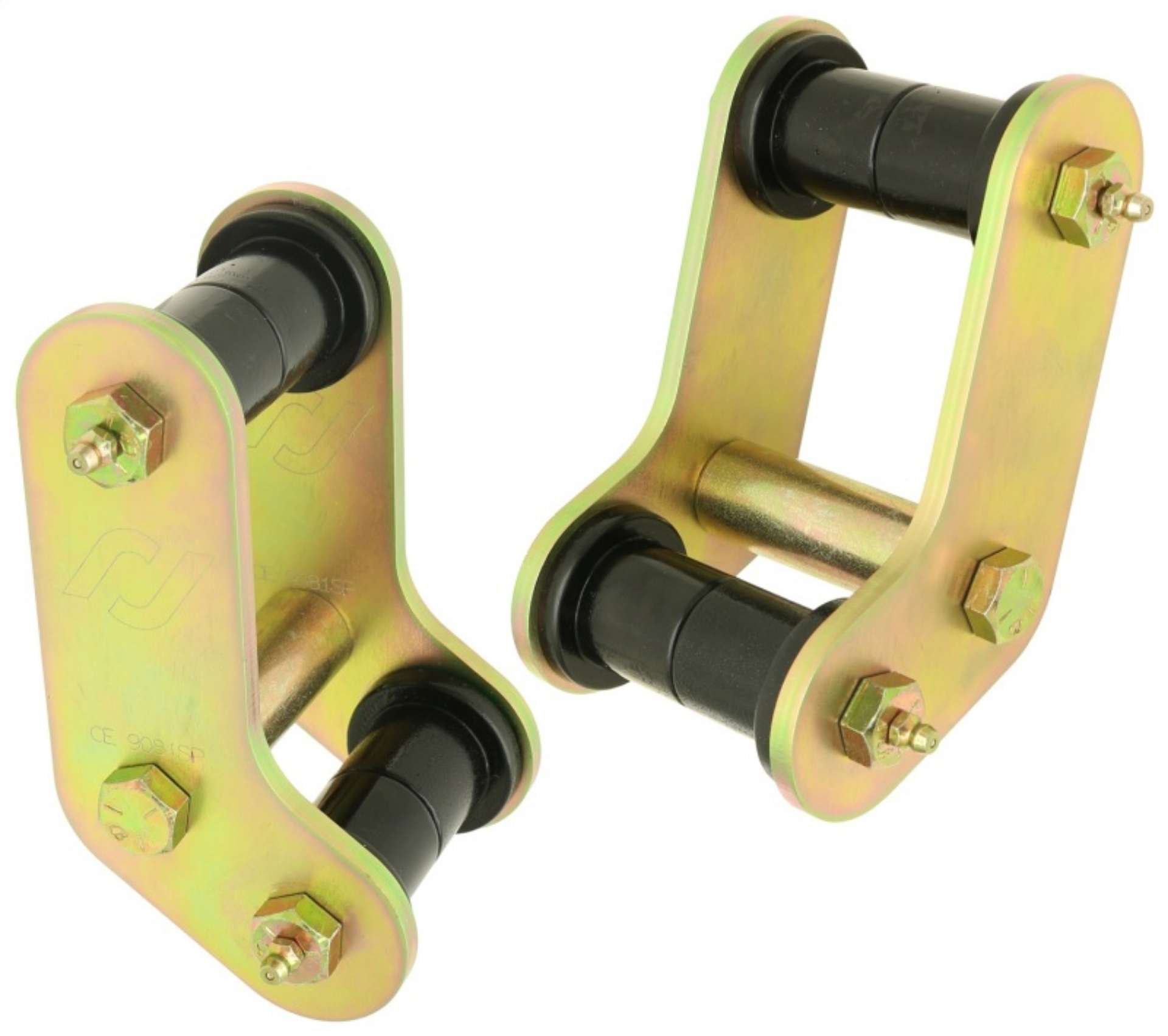 Picture of RockJock YJ Boomerang Leaf Spring Shackles Rear w- Urethane Bushings HD Greasable Bolts Pair