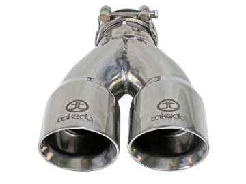 Picture of aFe Takeda 2-5in 304 Stainless Steel Clamp-on Exhaust Tip 2-5in Inlet 3in Dual Outlet - Polished