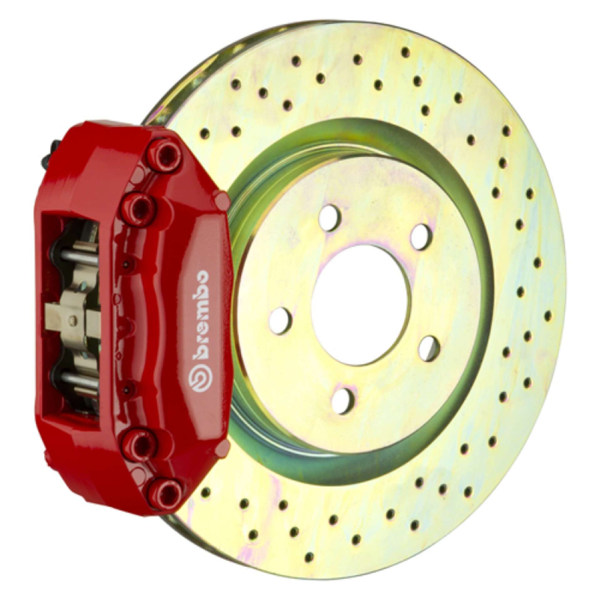 Picture of Brembo 92-98 318i-325i Excl- xDrive Front GT BBK 4 Piston Cast 2pc 320x28 1pc Rotor Drilled-Red