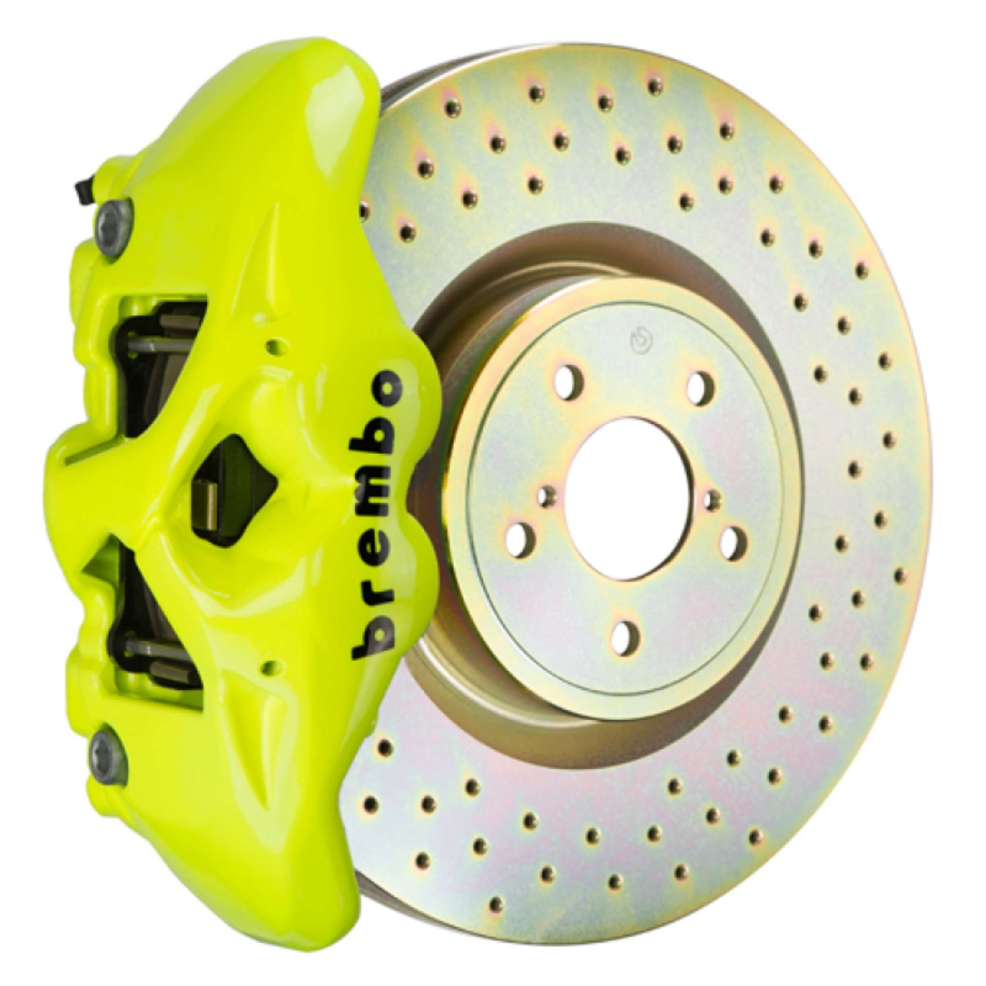 Picture of Brembo 02-07 Impreza-WRX-08-14 WRX Fr GT BBK 4 Piston Cast 326 x30 1pc Rotor Drilled- Fluo- Yellow