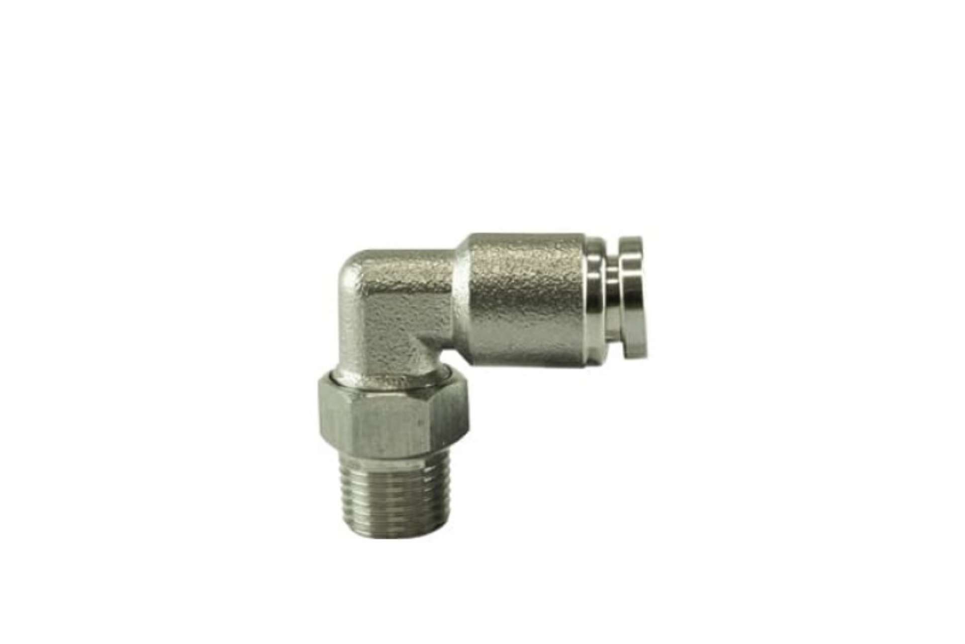 Picture of Turbosmart 1-8 NPT to 90 Degree 1-4 pushloc Stainless Steel