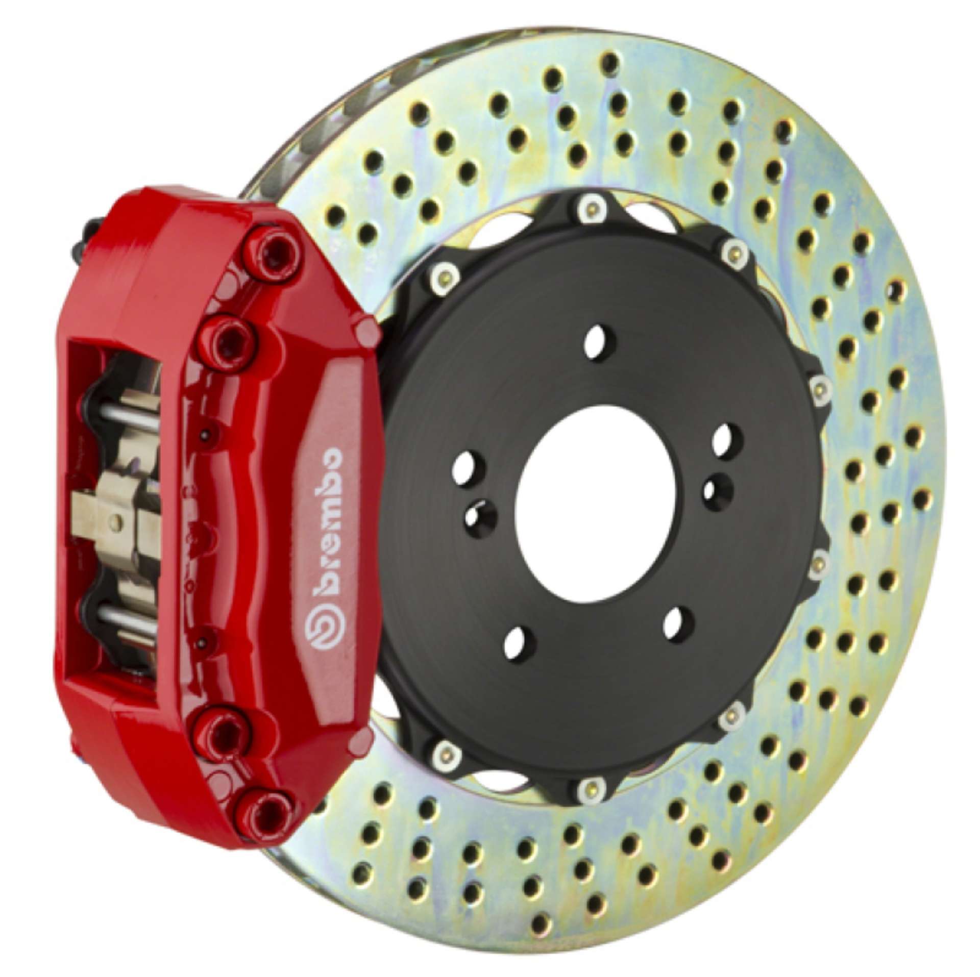 Picture of Brembo 92-98 318i-325i Excl- xDrive Front GT BBK 4 Piston Cast 2pc 320x28 2pc Rotor Drilled-Red