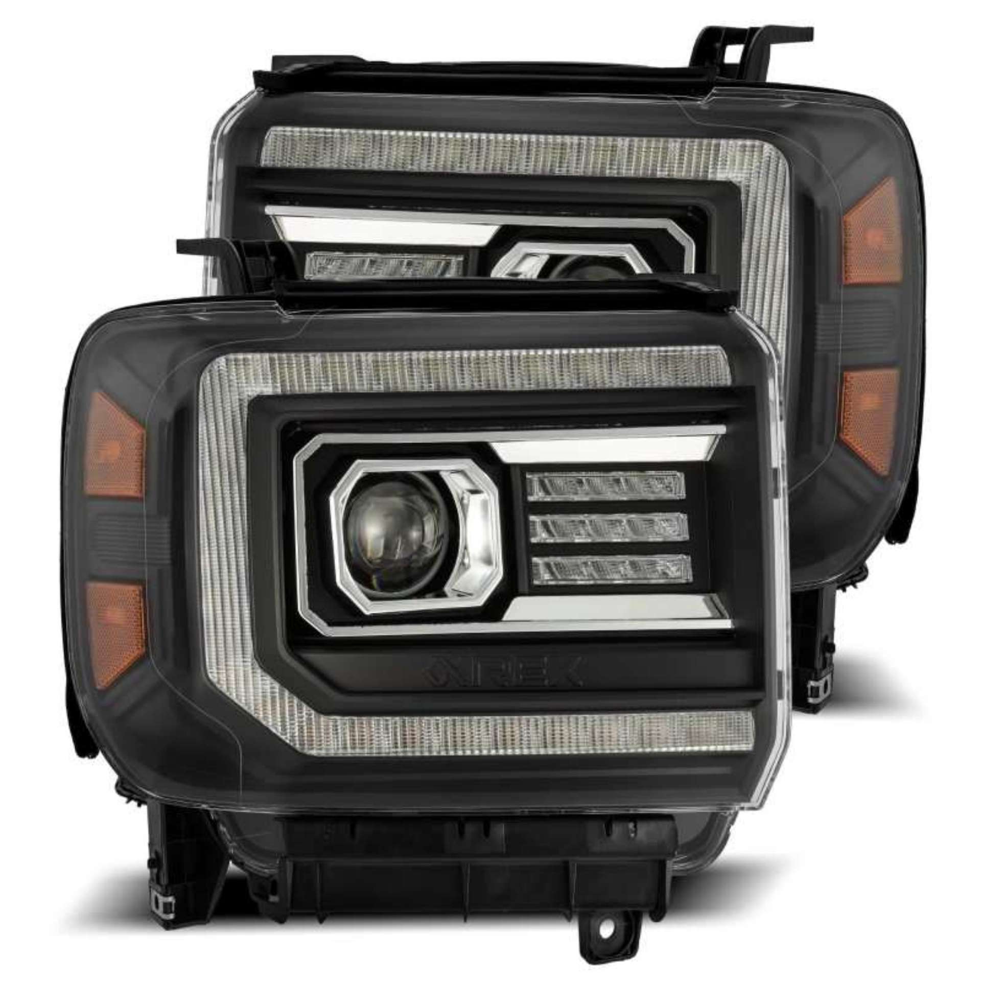 Picture of AlphaRex 14-18 GMC Sierra LUXX LED Proj Headlights Plank Style Black w-Activ Light-Seq Signal-DRL