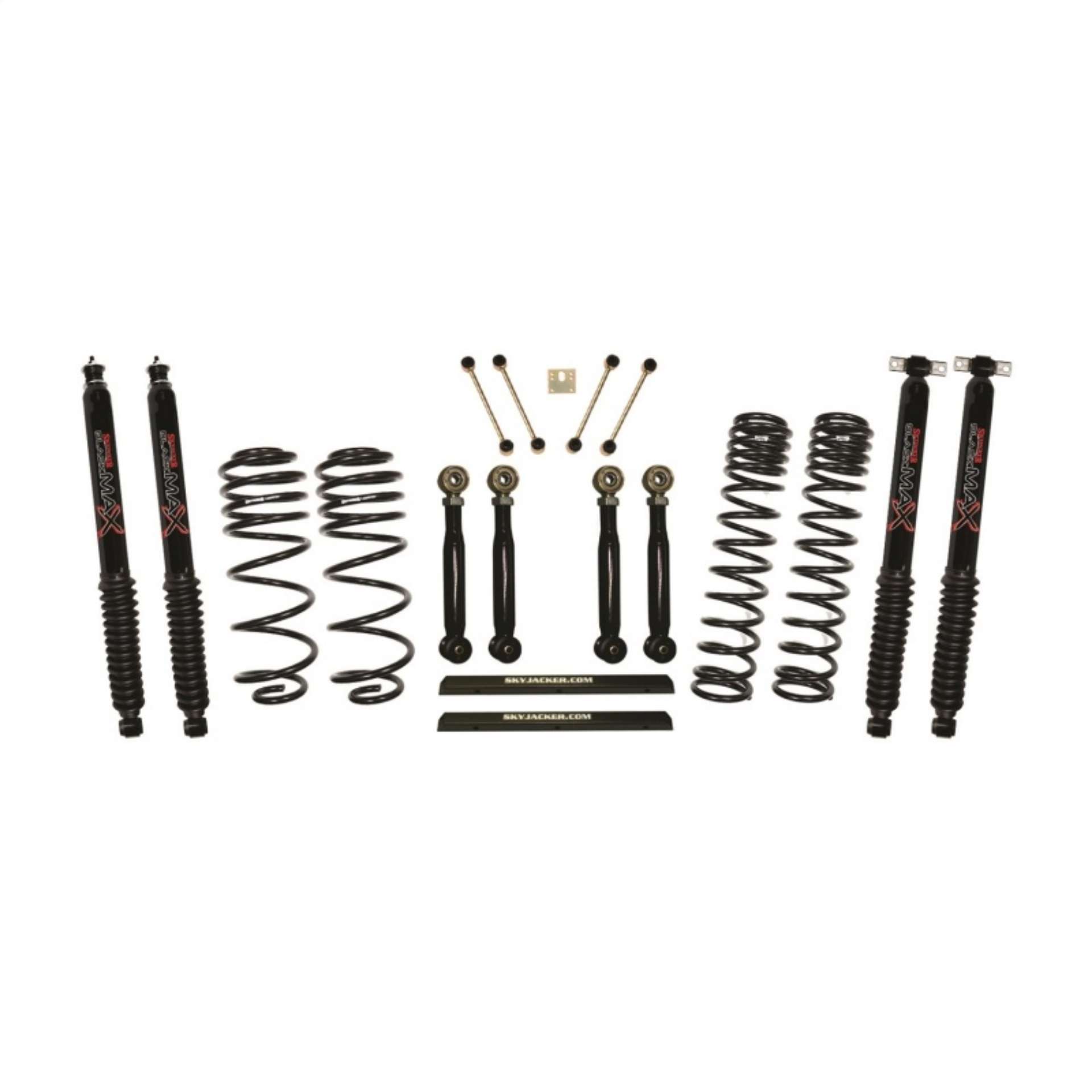 Picture of Skyjacker 97-02 Jeep TJ 4in D-Rate Long Travel Kit w- Adj- FR-RR Lower Flex Links-Black Max Shocks