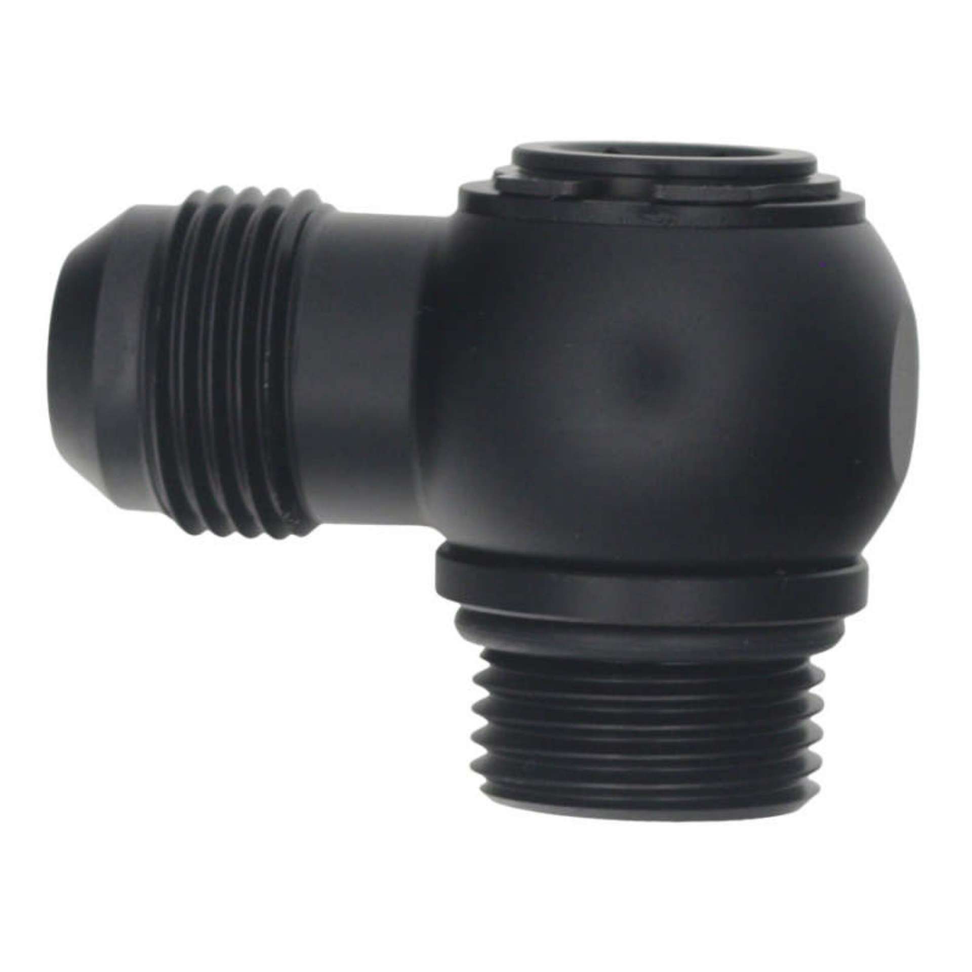 Picture of DeatschWerks 10AN ORB Male to 10AN Male Flare Low Profile 90-Degree Swivel - Anodized Matte Black