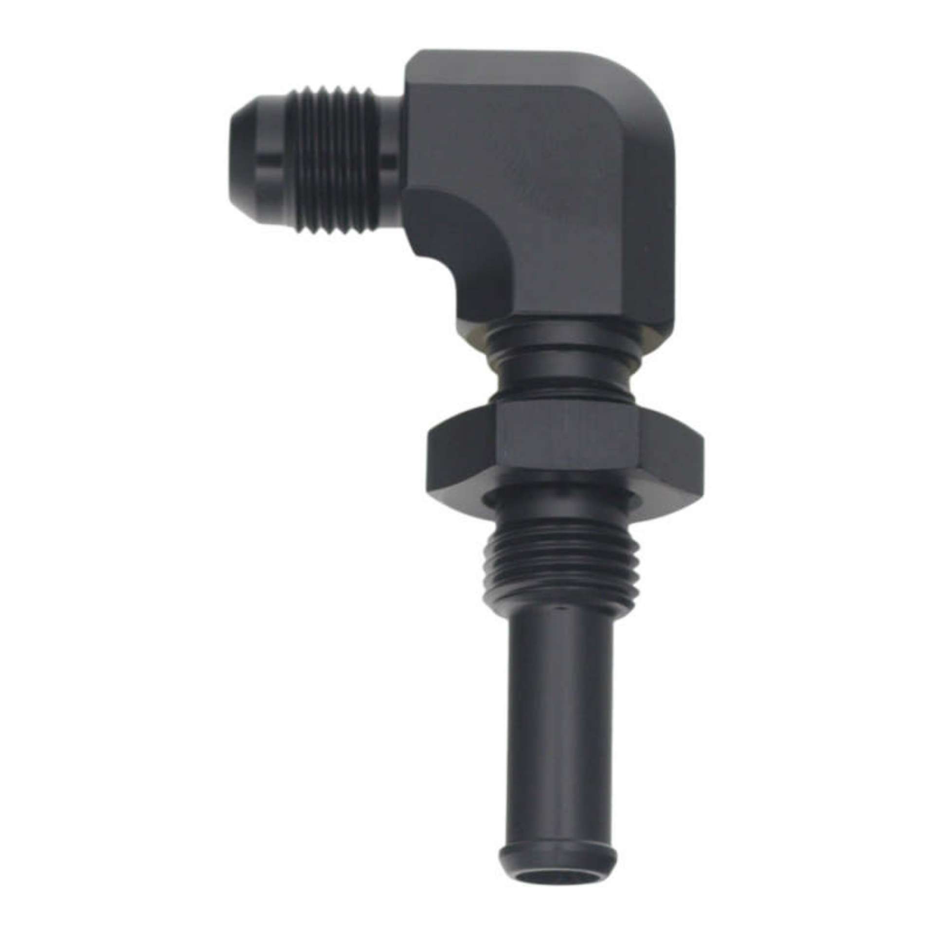 Picture of DeatschWerks 6AN Male Flare to 90-Degree 3-8in Single Hose Barb - Anodized Matte Black