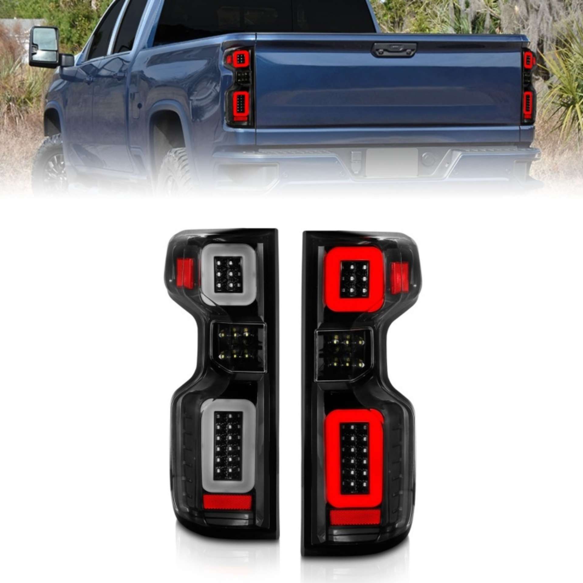 Picture of Anzo 19-21 Chevy Silverado Work TruckFull LED Tailights Black Housing Clear Lens G2 w-C Light Bars