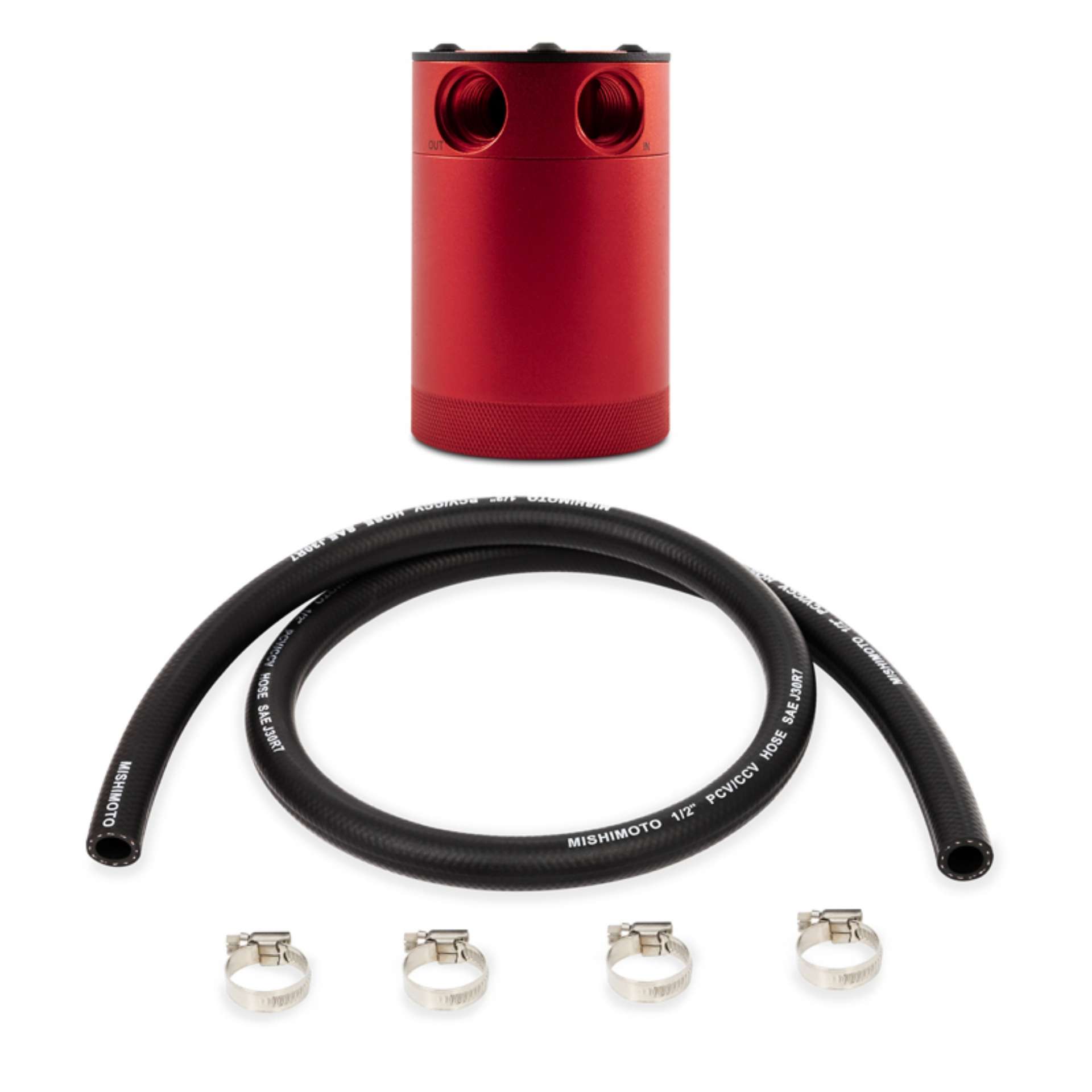 Picture of Mishimoto Assembled Universal 2-Port Catch Can Red w- Hose