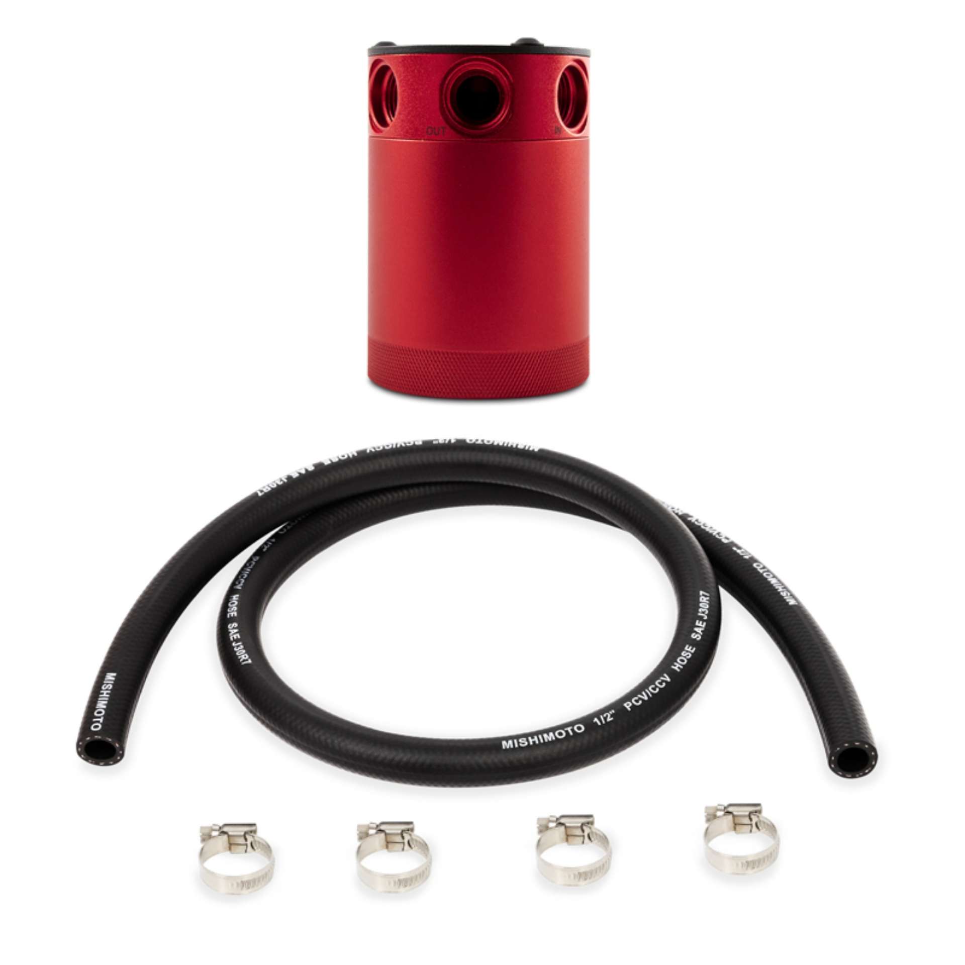 Picture of Mishimoto Assembled Universal 3-Port Catch Can Red w- Hose