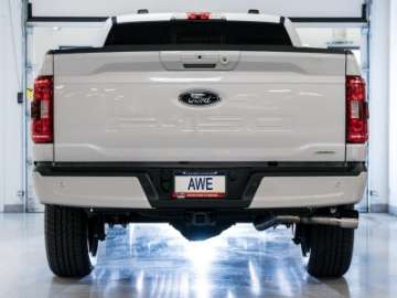 Picture of AWE 0FG 21+ Ford F150 Dual Side Exit Cat-Back Exhaust- 4-5in Chrome Silver Tips