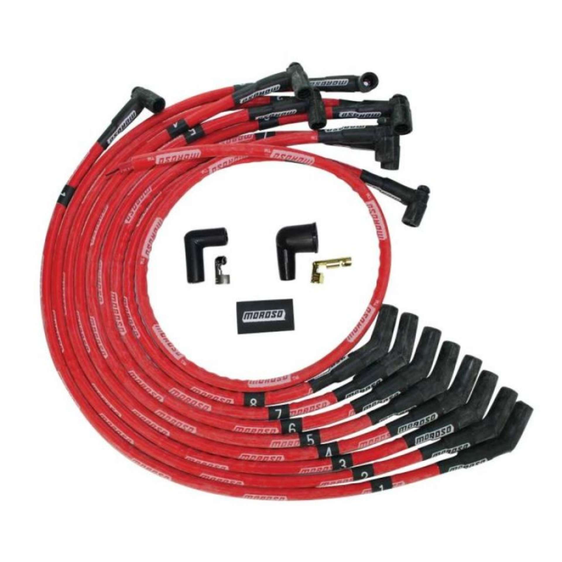 Picture of Moroso BBC Over Valve Cover 135 Deg Plug Boot HEI Sleeved Ultra Spark Plug Wire Set - Red