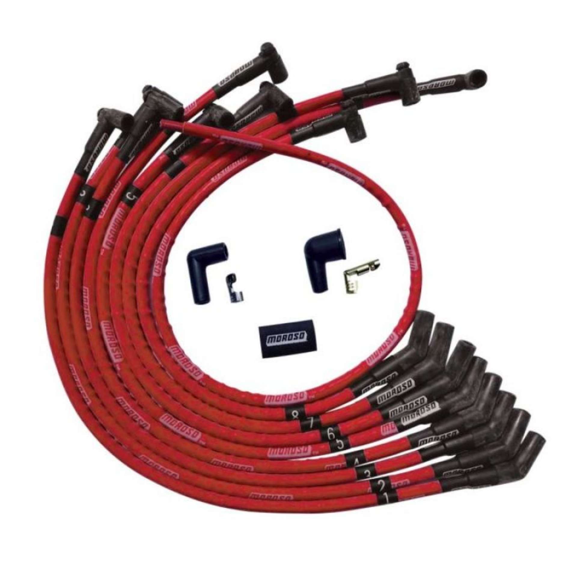 Picture of Moroso SB Ford 260-289-302 135 Deg Plug Boots HEI Sleeved Ultra Spark Plug Wire Set - Red