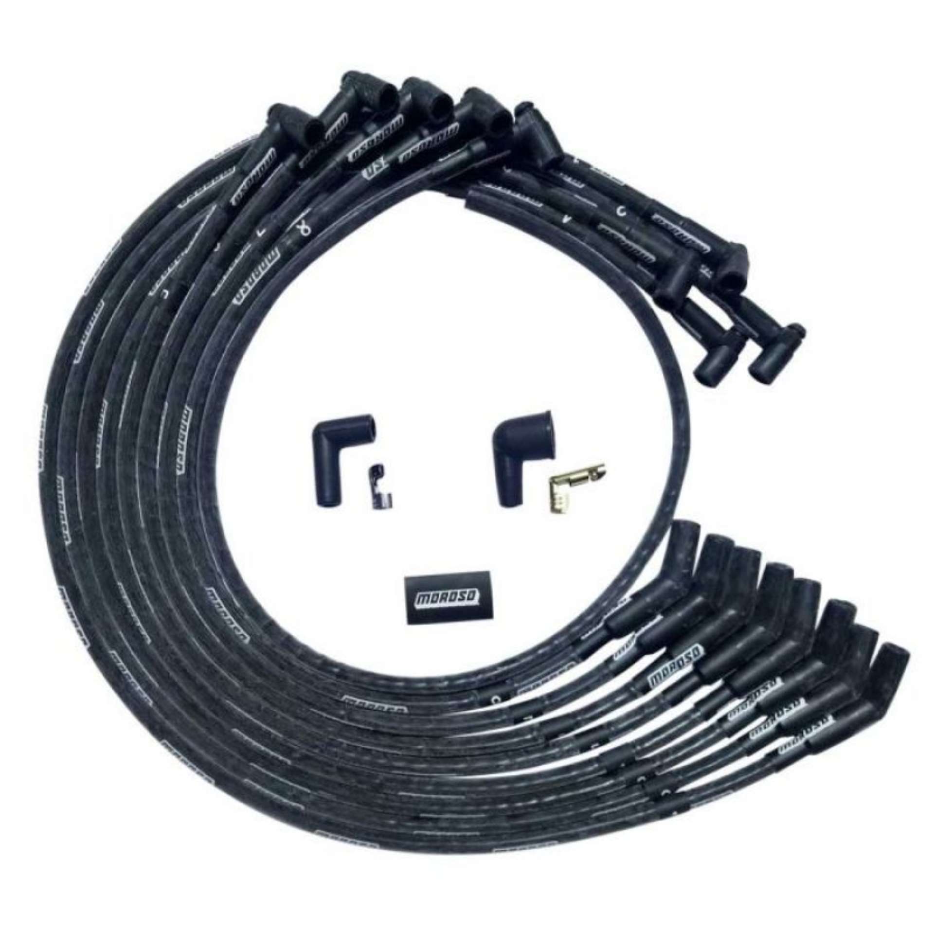 Picture of Moroso SBC Under Header 135 Deg Plug End HEI Sleeved Ultra Spark Plug Wire Set - Black