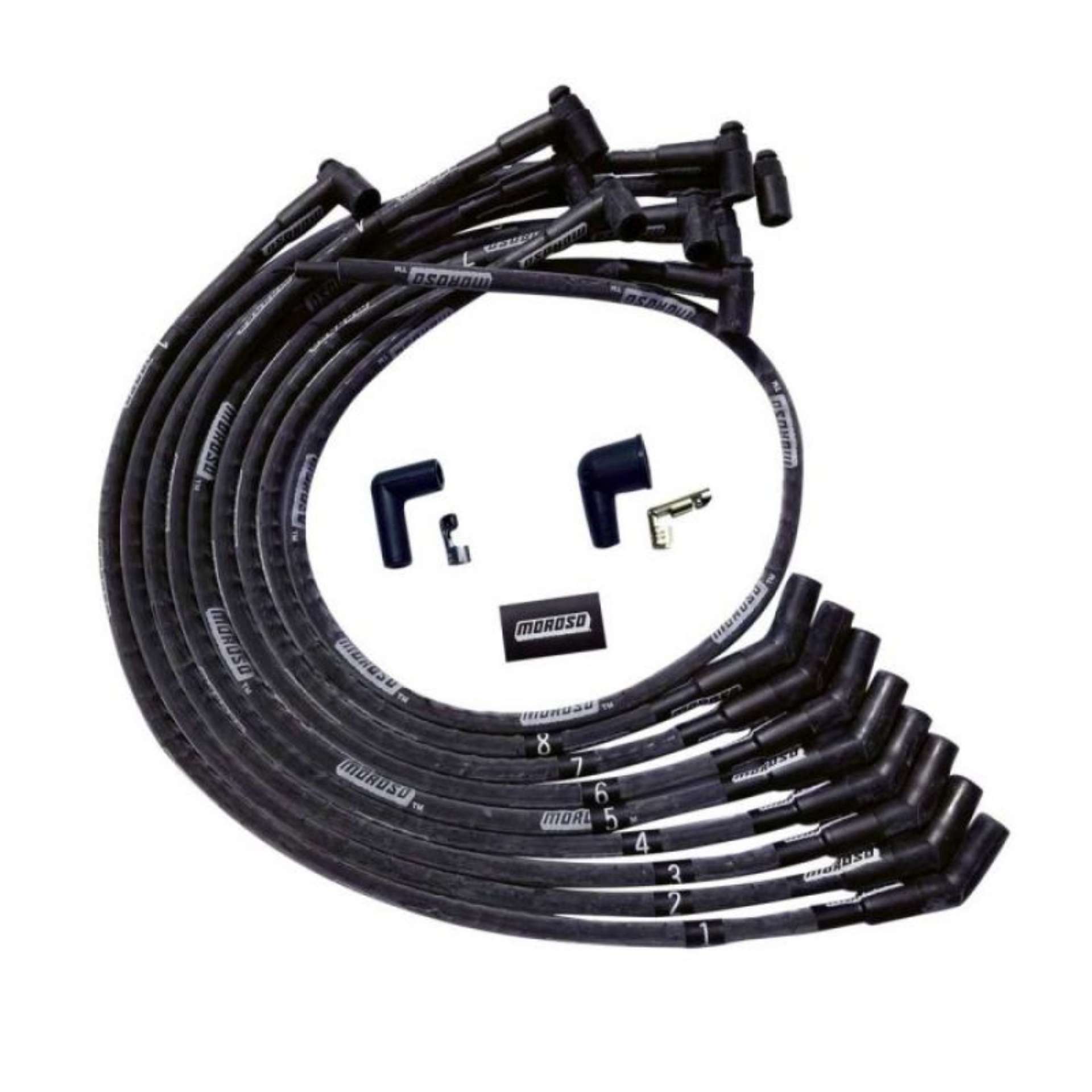 Picture of Moroso BBC Over Valve Cover 135 Deg Plug HEI Sleeved Ultra Spark Plug Wire Set - Black