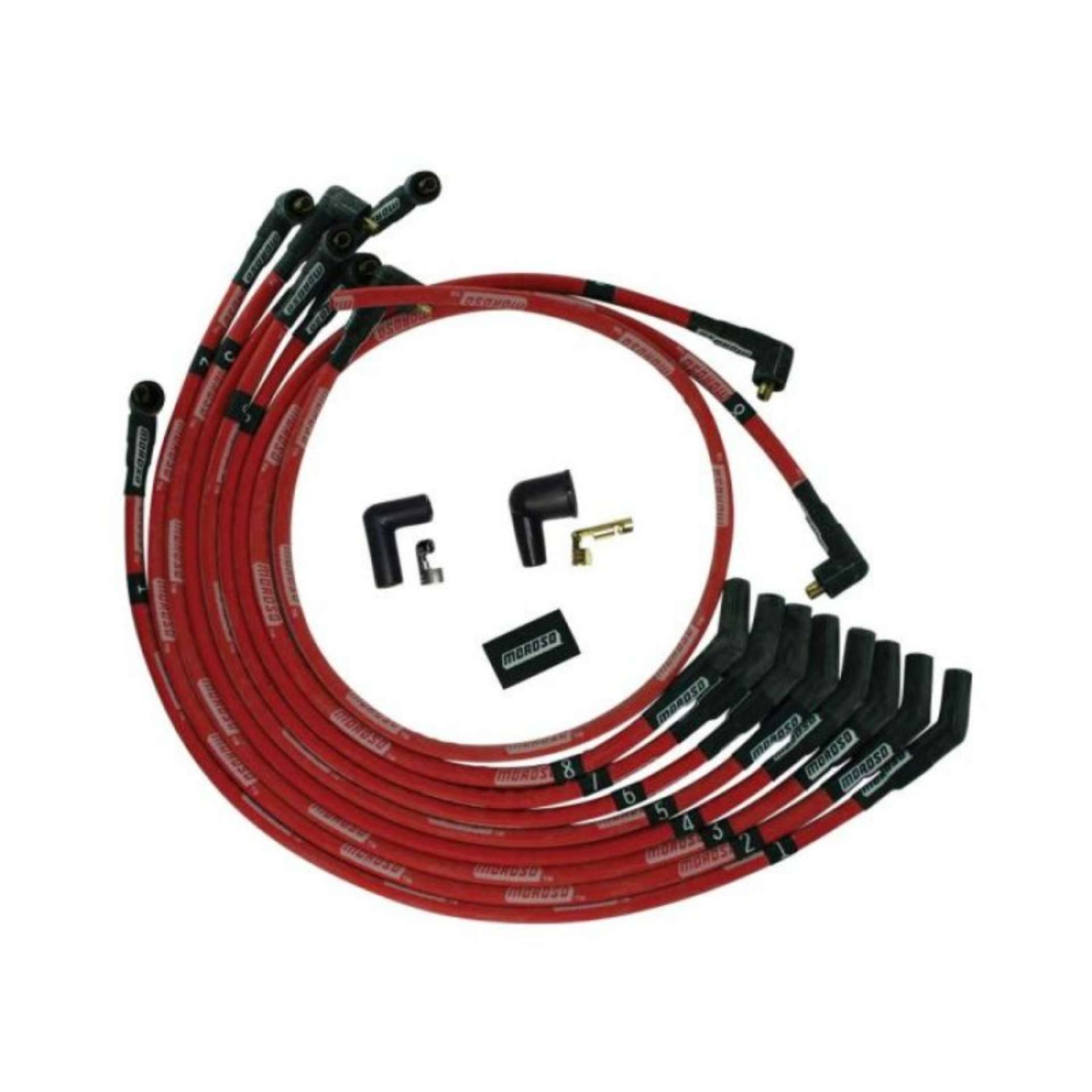 Picture of Moroso SB Ford 351W 135 Deg Plug Boots Non-HEI Sleeved Ultra Spark Plug Wire Set - Red