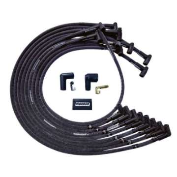 Picture of Moroso BBC Under Header 90 Deg Plug End HEI Sleeved Ultra Spark Plug Wire Set - Black