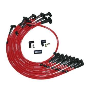 Picture of Moroso SBC Over Valve Cover 90 Deg Plug HEI Sleeved Ultra Spark Plug Wire Set - Red