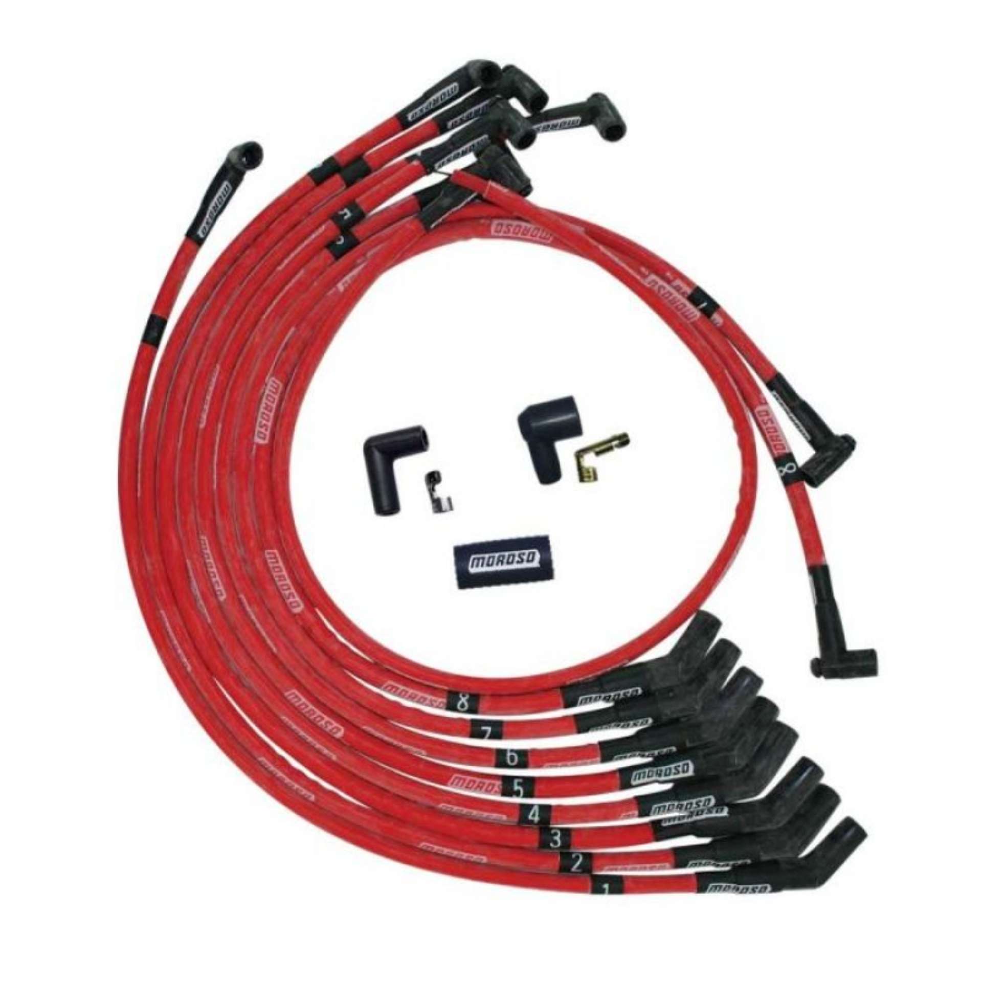 Picture of Moroso SB Ford 351W 135 Deg Plug Boots HEI Sleeved Ultra Spark Plug Wire Set - Red