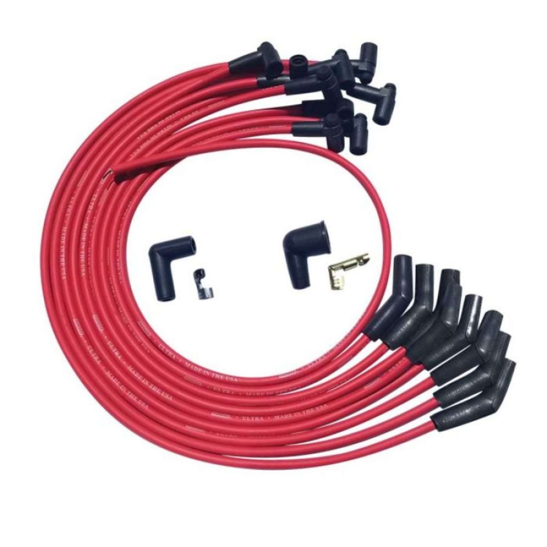 Picture of Moroso BBC Over Valve Cover 135 Deg Plug Ends HEI Ultra Spark Plug Wire Set - Red