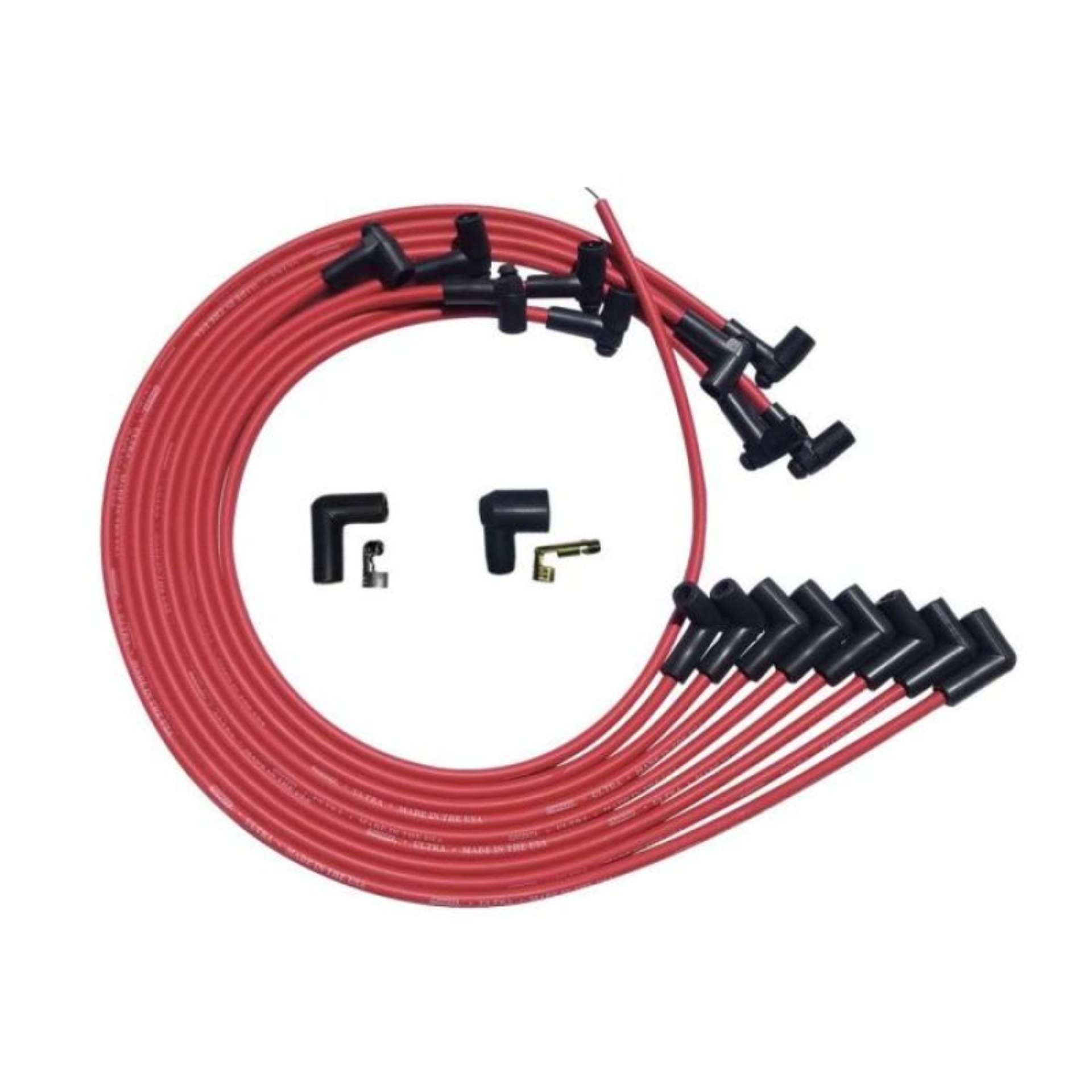 Picture of Moroso SBC Under Header 90 Deg Plug HEI Ultra Spark Plug Wire Set - Red