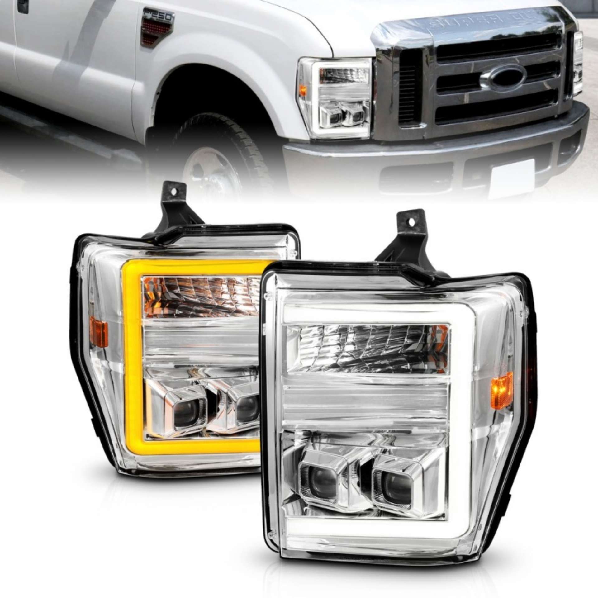 Picture of ANZO 08-10 Ford F-250 - F-550 Super Duty Projector Headlights w- Light Bar Switchback Chrome Housing