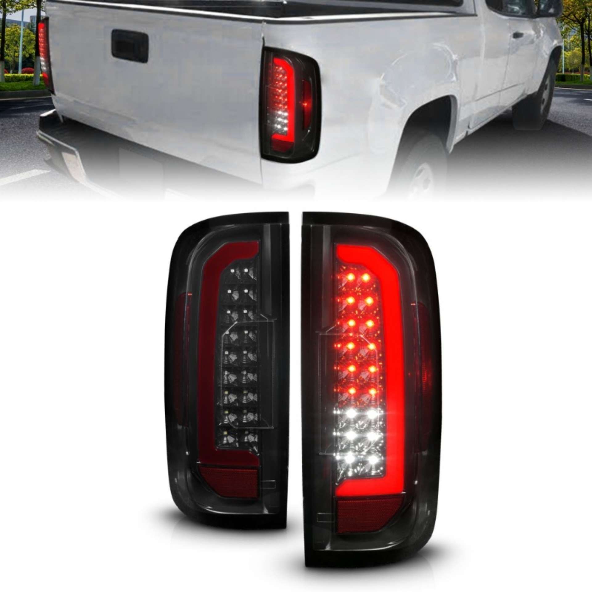 Picture of ANZO 15-21 GMC Canyon Full LED Tail Lights w- Red Lightbar Black Housing Smoke Lens