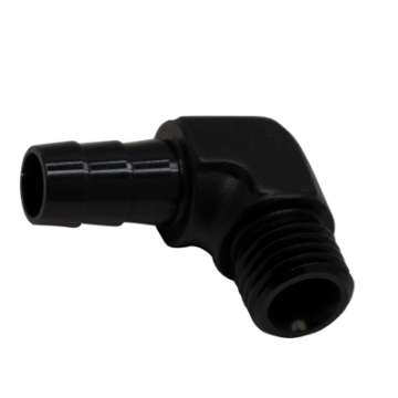 Picture of DeatschWerks Metric M12 to 3-8in Hose Barb 90-Degree Fitting w- Venturi Port - Anodized Matte Black