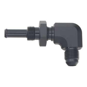 Picture of DeatschWerks 6AN Male Flare to 5-16in Male Barb Bulkhead Adapter 90-Degree - Anodized Matte Black