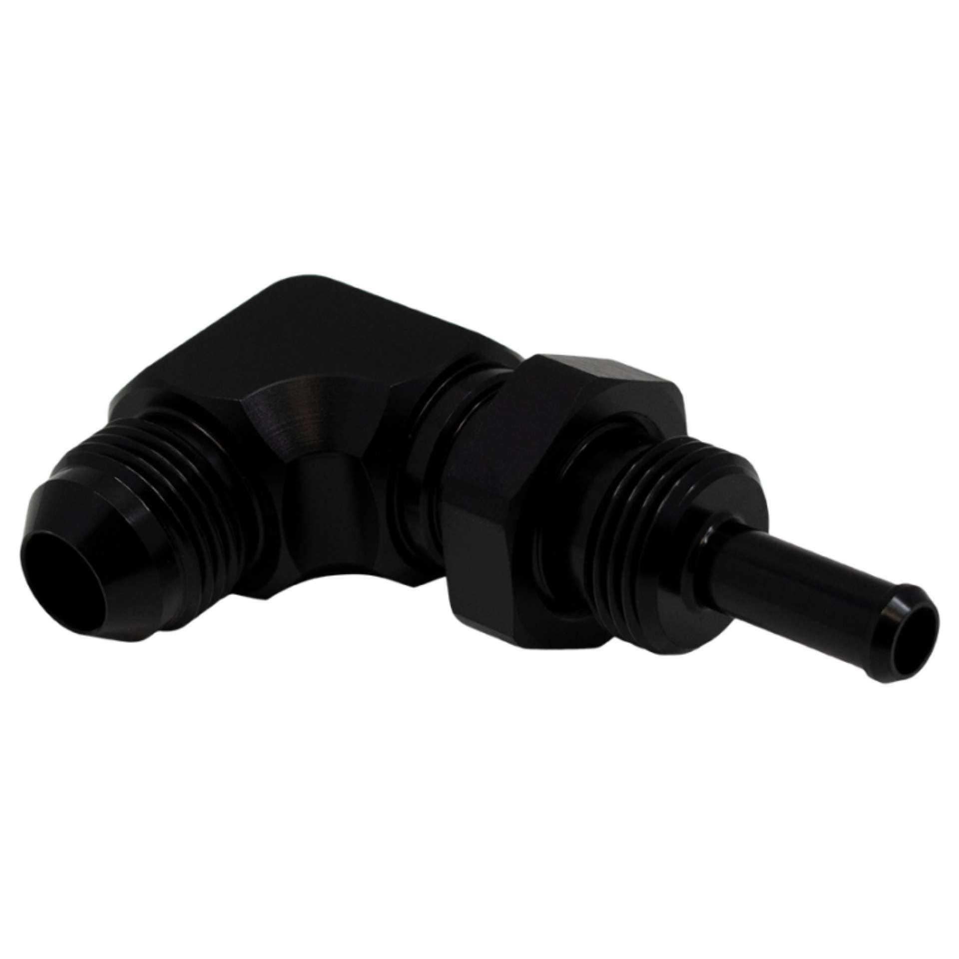 Picture of DeatschWerks 8AN Male Flare to 5-16in Male Barb Bulkhead Adapter 90-Degree - Anodized Matte Black