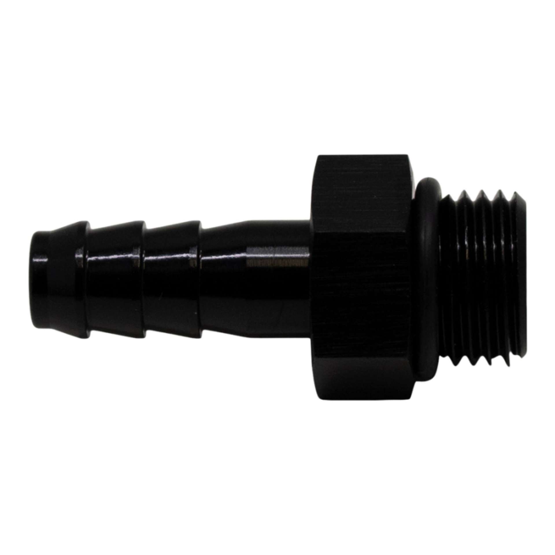 Picture of DeatschWerks 6AN ORB Male to 5-16in Male Triple Barb Fitting Incl O-Ring - Anodized Matte Black