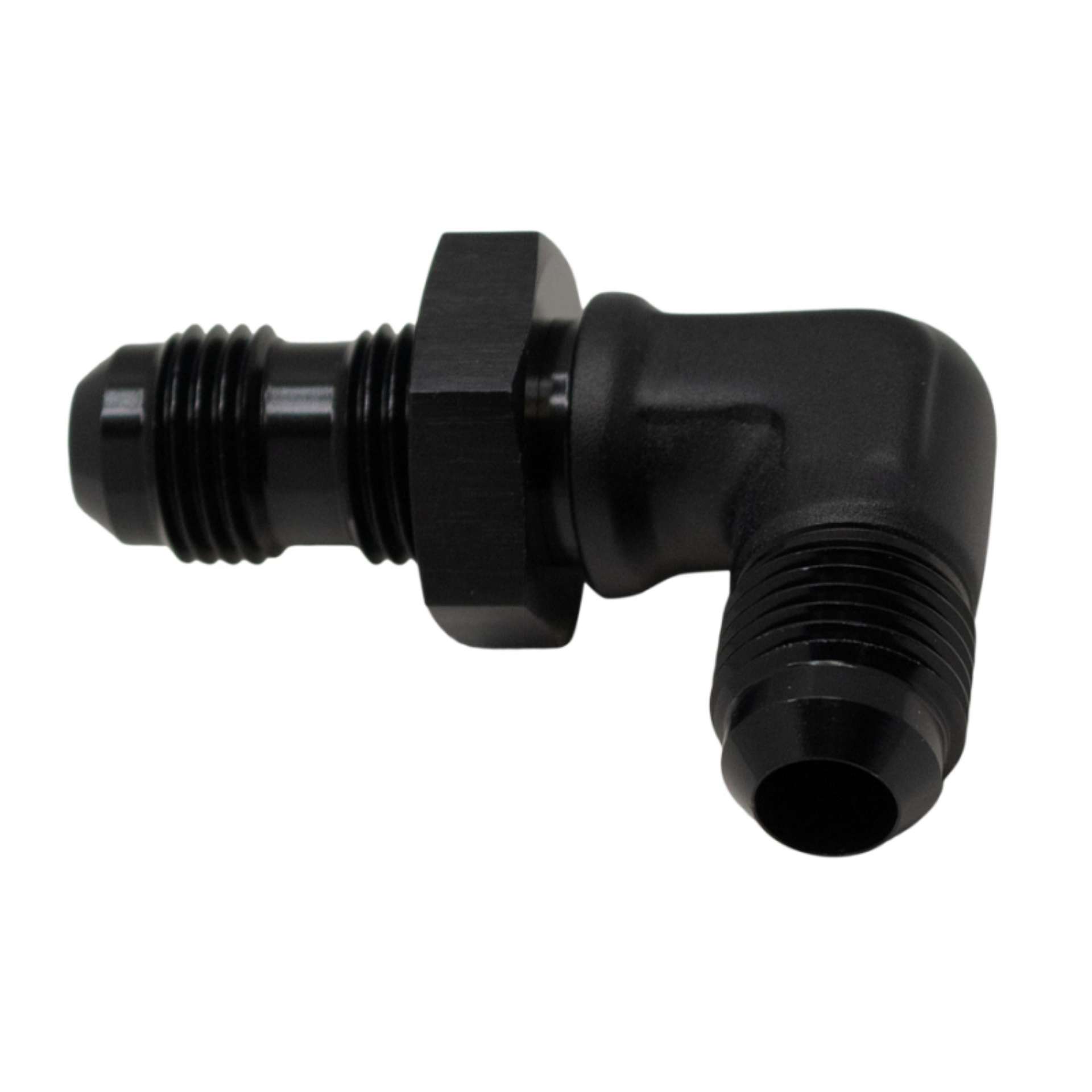 Picture of DeatschWerks 6AN Male Flare to 6AN Male Flare Bulkhead Adapter 90-Degree - Anodized Matte Black