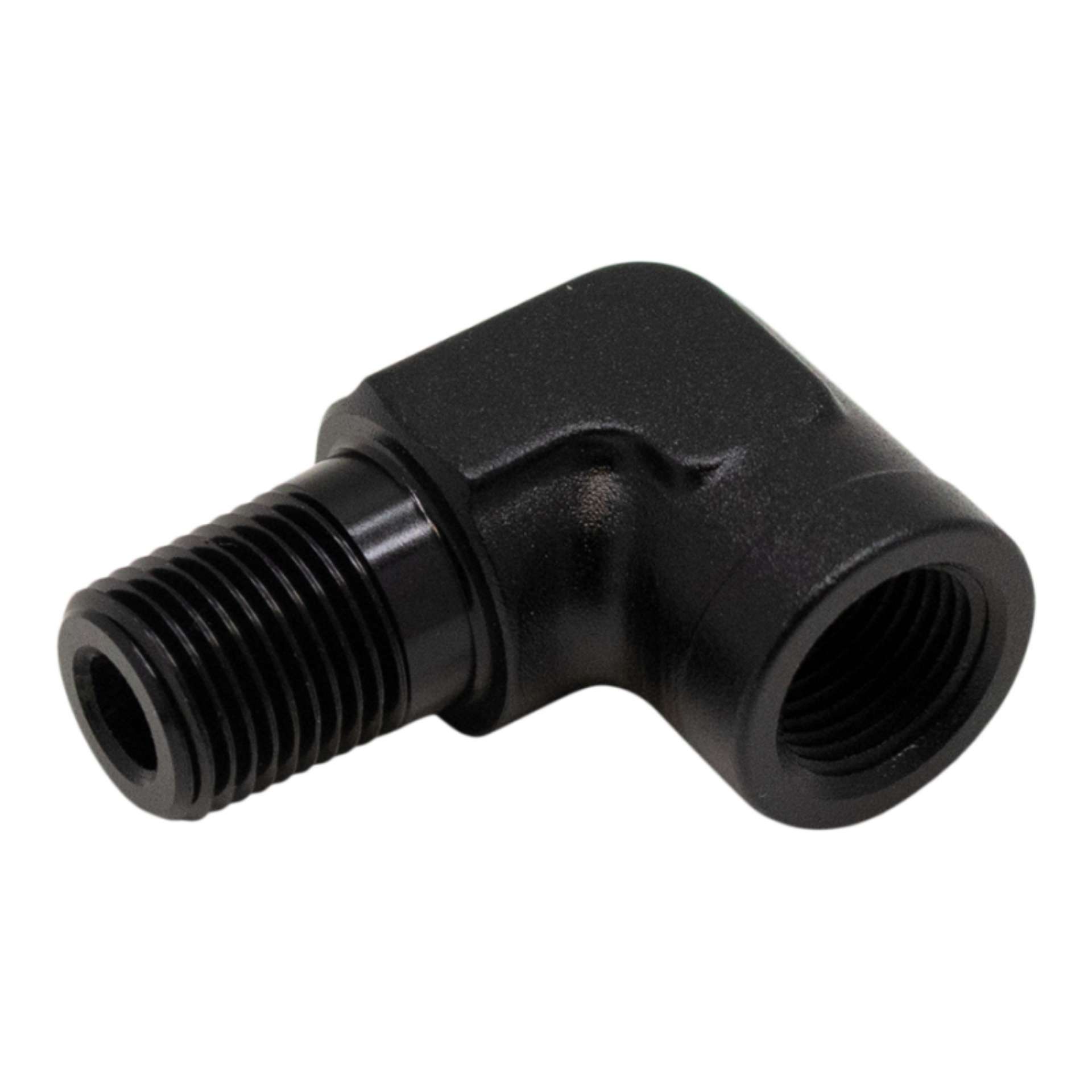 Picture of DeatschWerks 90-Degree 1-8in NPT Male to Female 1-8in NPT - Anodized Matte Black