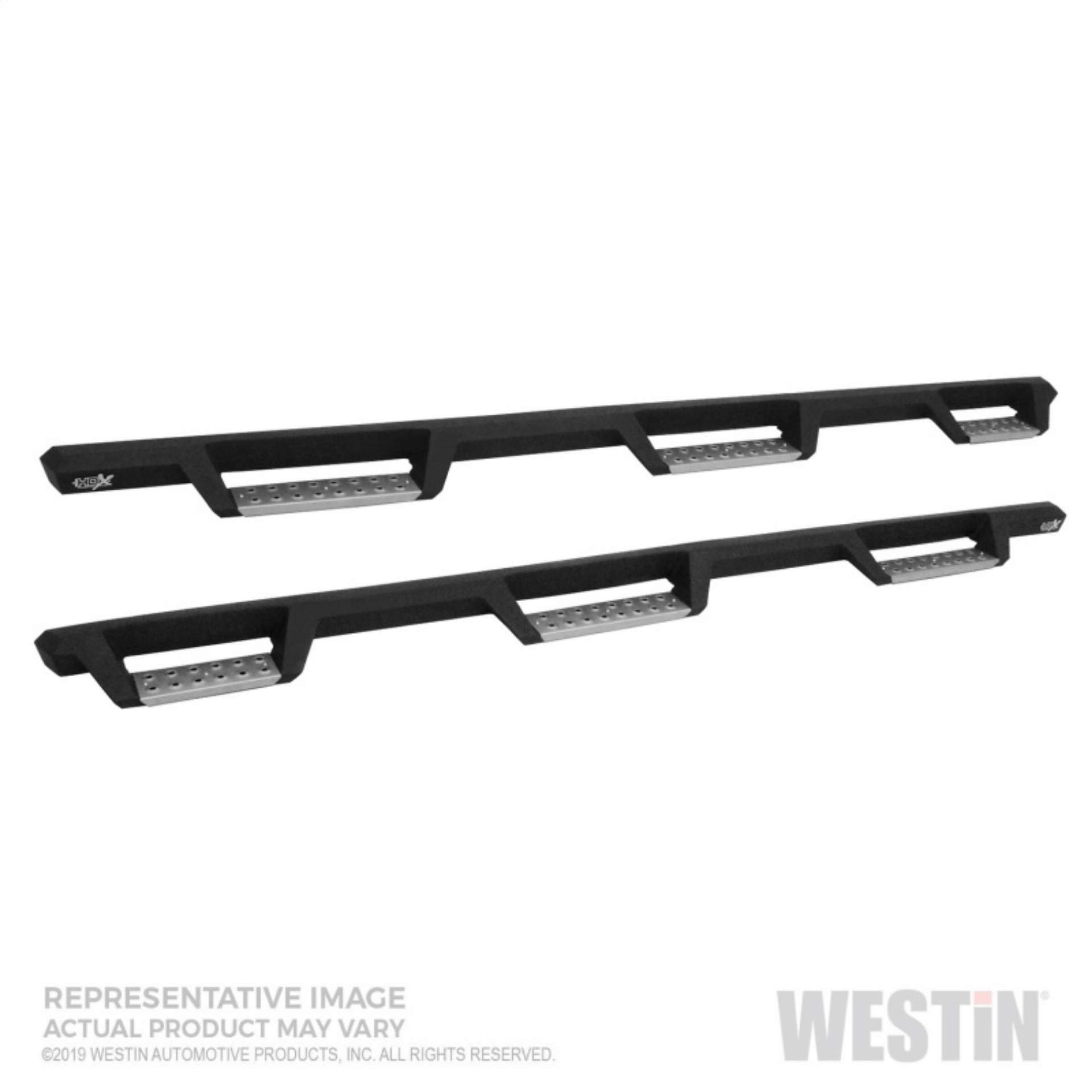 Picture of Westin 19-22 Chevrolet Silverado 1500 DC 6-5ft Bed HDX Stainless Drop W2W Nerf Step Bars - Tex- Blk