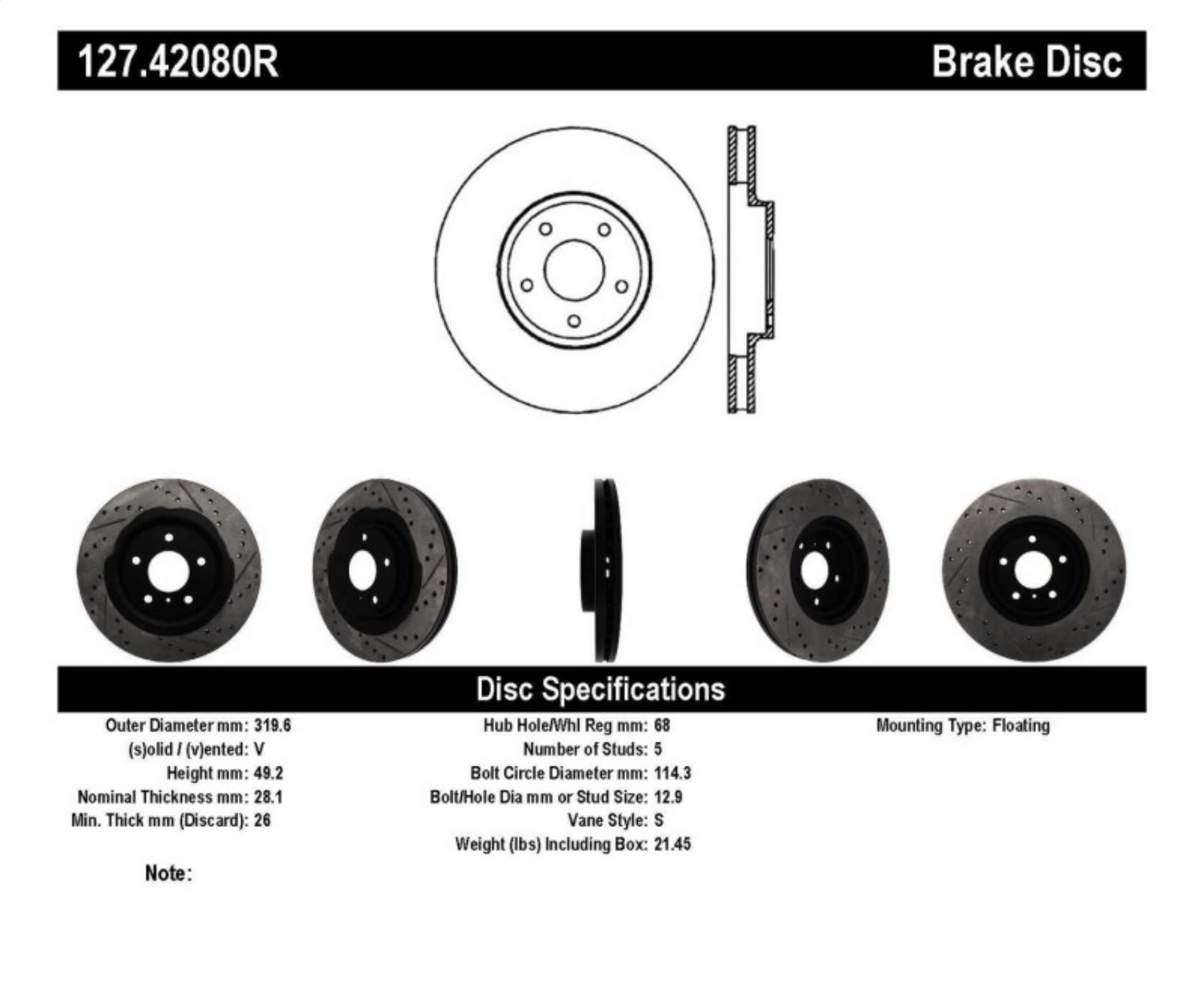 Picture of StopTech 06-07 350Z - 05-07 G35 exp Sport- 06-07 G35X SportStop Slotted & Drilled Front Right Rotor