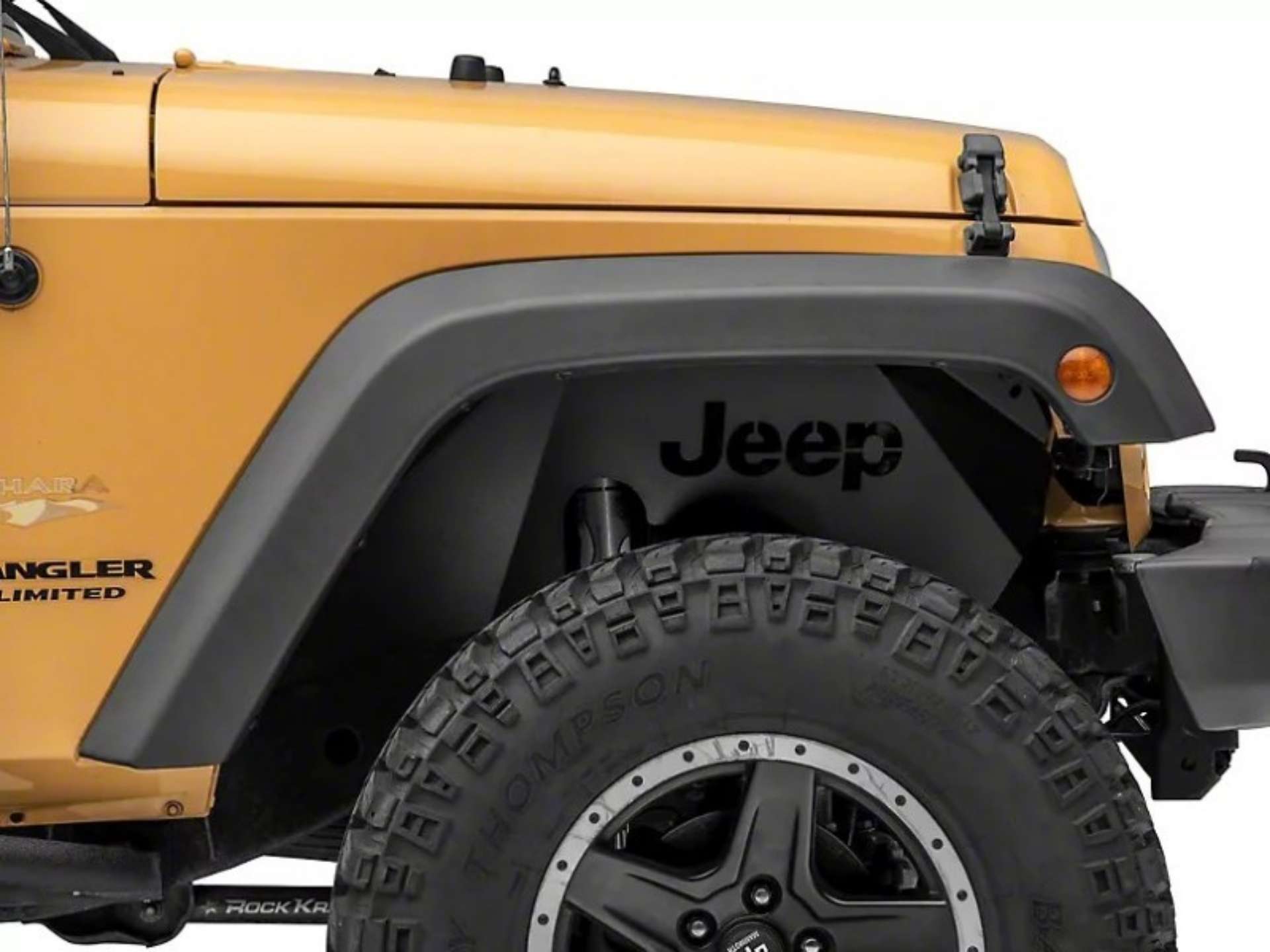 Picture of Officially Licensed Jeep 07-18 Wrangler JK Aluminum Inner Fender Liners w- Jeep Logo- Front-Txt Blk