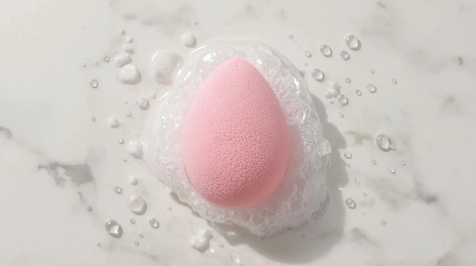 Beauty sponge pink diperas dengan busa sabun untuk membersihkan sisa foundation dan mencegah pertumbuhan bakteri