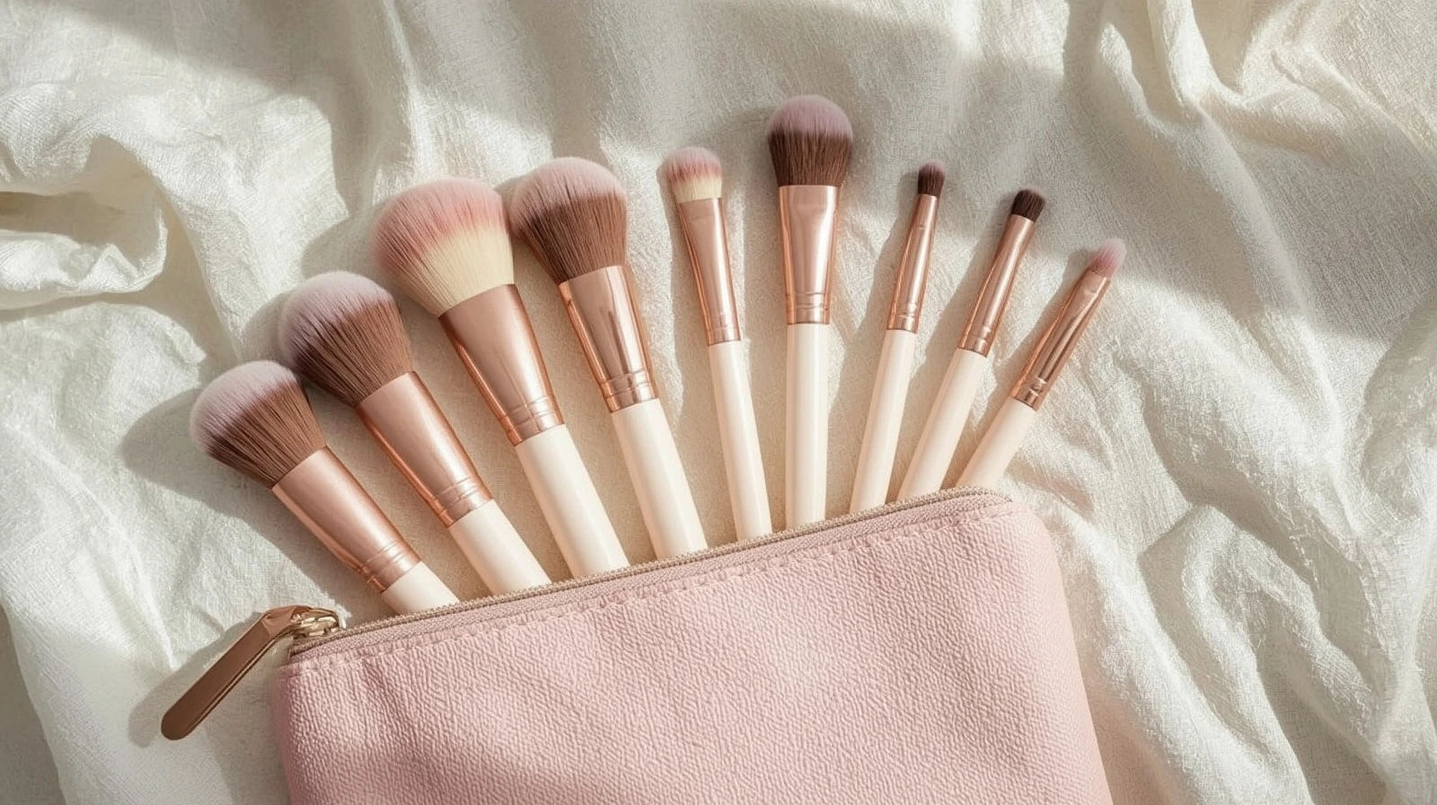 Cara membersihkan brush makeup dengan benar agar kulit bebas breakout Berbagai brush makeup bersih tersusun rapi di atas pouch makeup sebagai ilustrasi cara membersihkan brush dengan benar