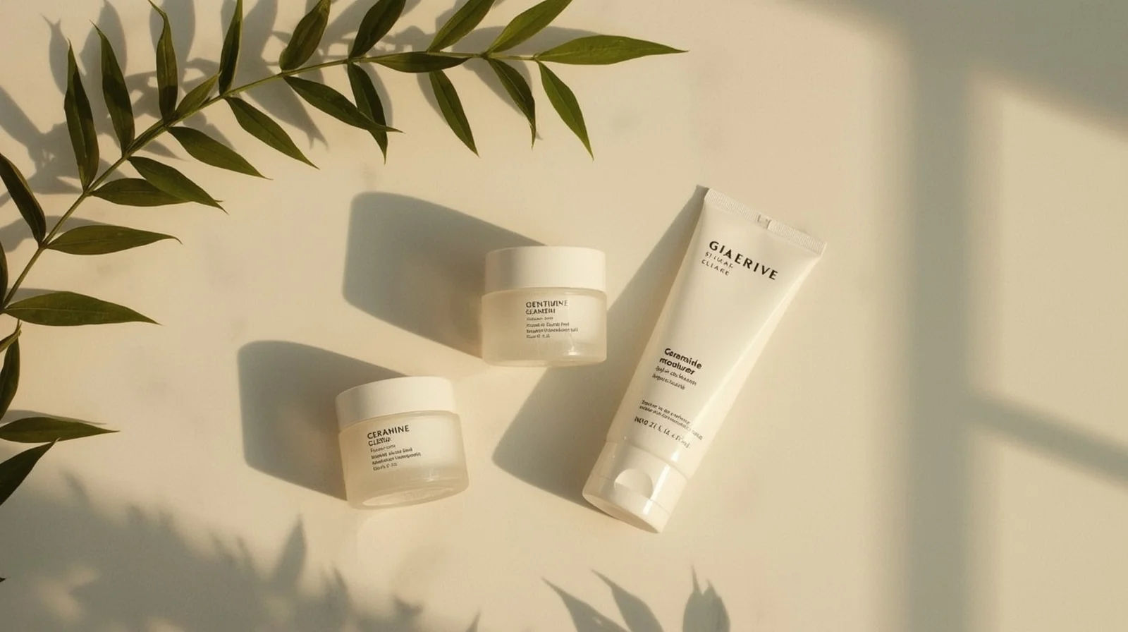 Produk rutinitas skincare pagi untuk kulit sensitif — cleanser, ceramide moisturizer, dan sunscreen di atas marble putih