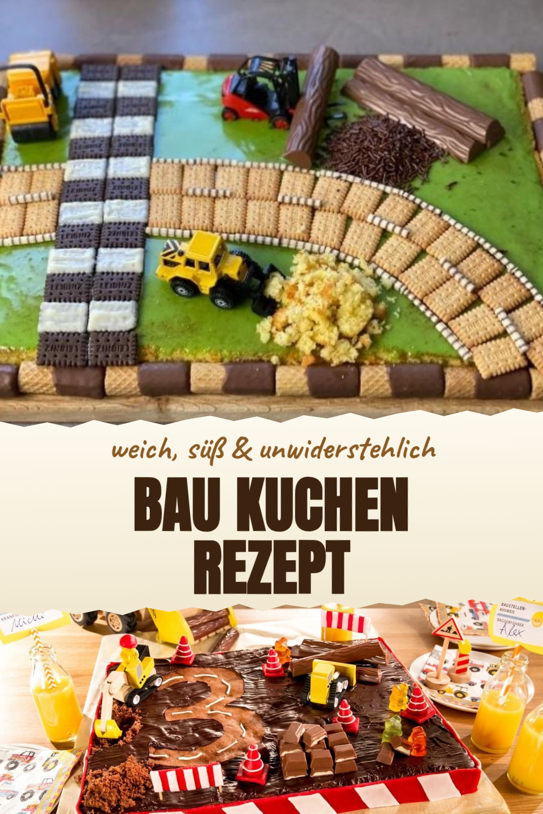 Baustellen-Kuchen mit Schokokrümeln und Keks-Bagger als fertiges Gericht