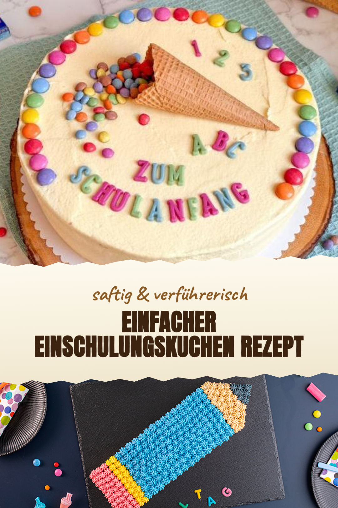 Einfacher Einschulungskuchen mit Schultüten-Dekoration als fertiges Gericht