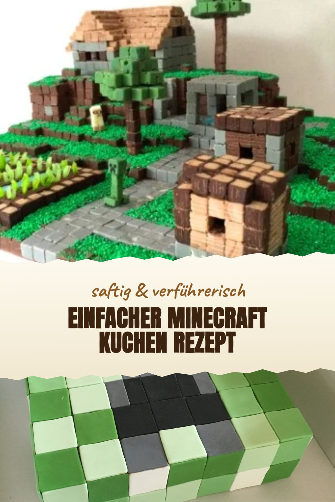 Einfacher Minecraft-Grasblock-Kuchen ohne Fondant als fertiges Gericht