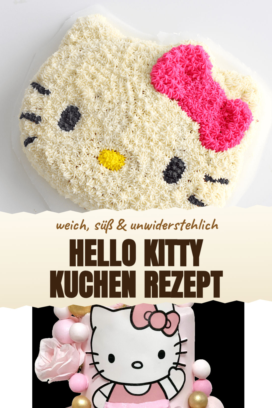 Hello-Kitty-Kuchen mit rosa Erdbeer-Frischkäsecreme als fertiges Gericht